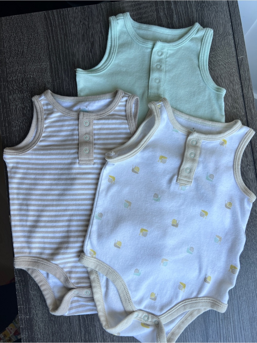 Cloud Island Sleeveless Bodysuit Trio in Mint, White, and Beige